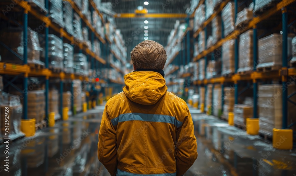 Rear view of a man in a warehouse. Rear view of a man in a warehouse.