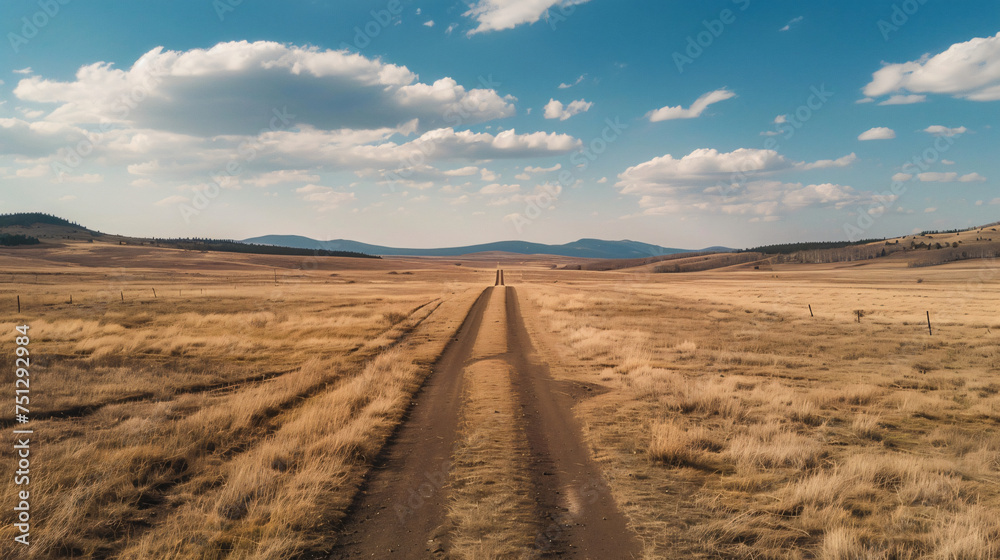 A road running through grassyland under a blue sky
