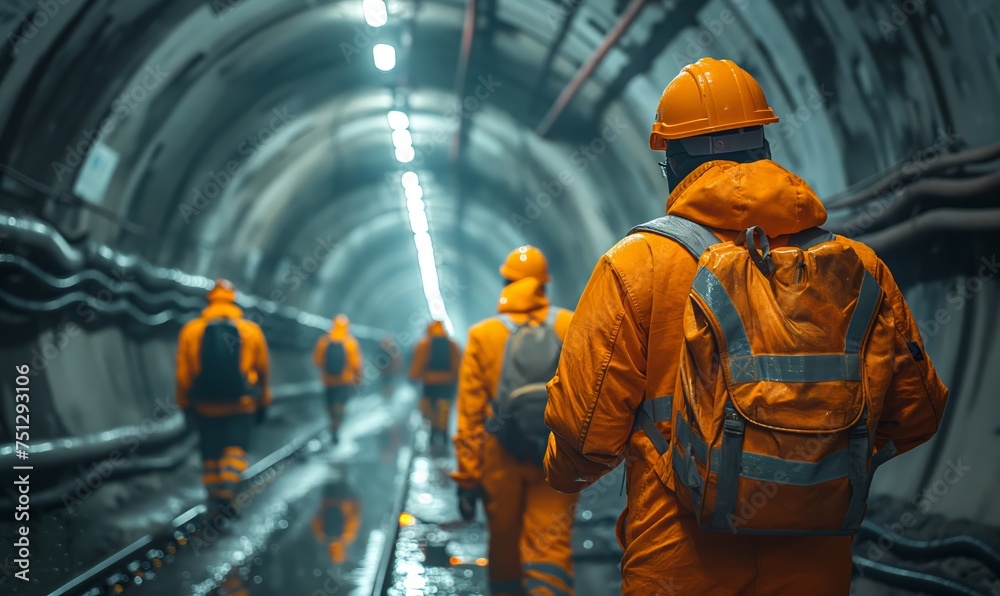 Workers in hard hats walk through a round tunnel.