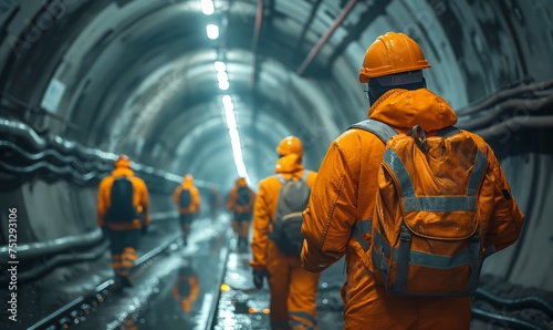 Workers in hard hats walk through a round tunnel.