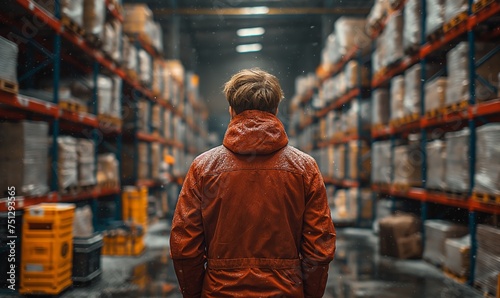 Rear view of a man in a warehouse.