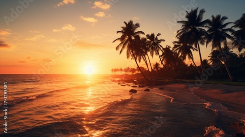 Amazing sunset on a tropical beach with palm trees.