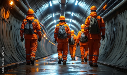 Workers in hard hats walk through a round tunnel. photo