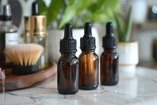 Oil dropper bottles. Cosmetic essential oil, face serum. Herbal homeopathic organic spa cosmetics. Pharmaceutical extract tincture. Various glass vial natural medicine liquid. Beauty product bio fluid