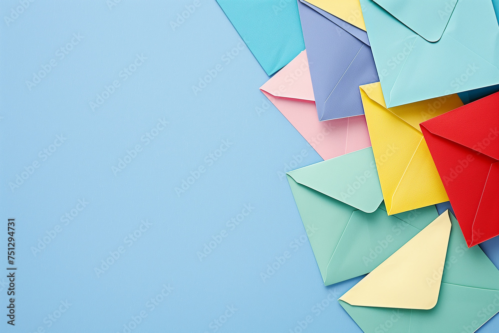 A bunch of colorful envelopes are piled on top of each other, empty space for copy text on blue background A bunch of colorful envelopes are piled on top of each other, empty space for copy text on blue background