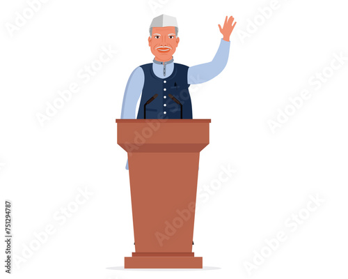 Indian politician candidate delivering voting speech during election period vector character in cartoon style.