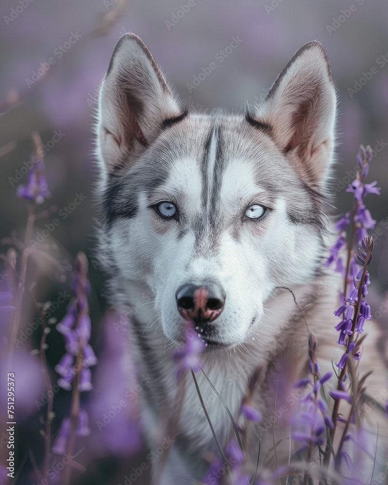 Obraz premium American Grey Husky Enthroned Among Spring Blooms - Serene Gaze Generative AI