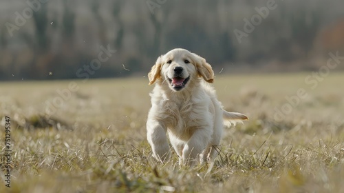 Joyful Golden Retriever Puppy in Mid-Run Across a Green Meadow Generative AI