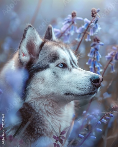 American Grey Husky Enthroned Among Spring Blooms - Serene Gaze Generative AI photo