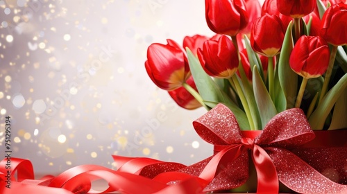 A Bouquet of Red Tulips With a Red Bow