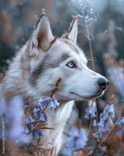 American Grey Husky Enthroned Among Spring Blooms - Serene Gaze Generative AI photo