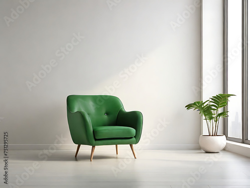 The interior has a green armchair on empty white wall background  green sofa  3D rendering. generative ai