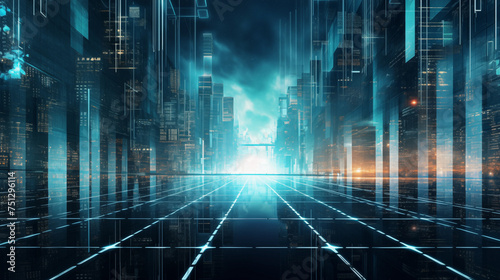 Futuristic technology background. Digital artwork representing a futuristic cyber. Futuristic technology, and dynamic lighting to evoke a sense of the digital realm. Blue hologram portal
