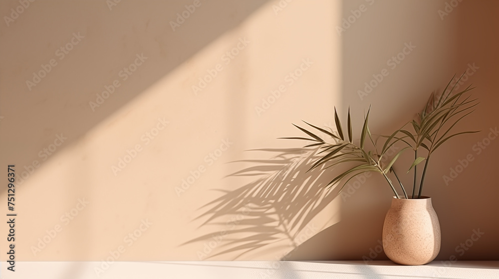 Gentle light beige background for product presentation with light andand intricate shadow from the window and vegetation on wall
