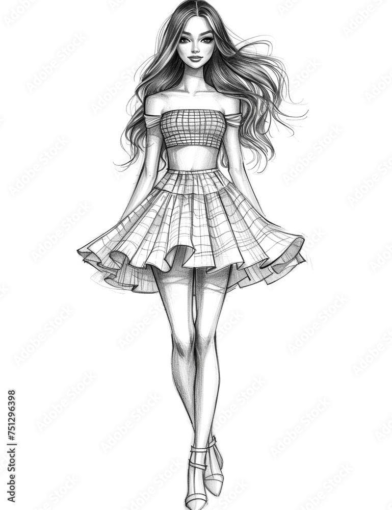 a drawing of a woman in a dress. Beautiful young fashion girl. Stylish woman in fashion clothes. a drawing of a woman in a dress. Beautiful young fashion girl. Stylish woman in fashion clothes.