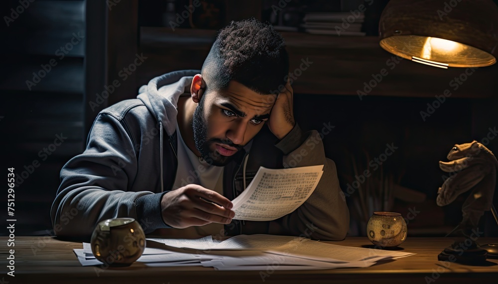 A man sitting at a table, deeply engrossed in reading a piece of paper. He appears concerned or worried, possibly reviewing financial information or other critical details. A man sitting at a table, deeply engrossed in reading a piece of paper. He appears concerned or worried, possibly reviewing financial information or other critical details.