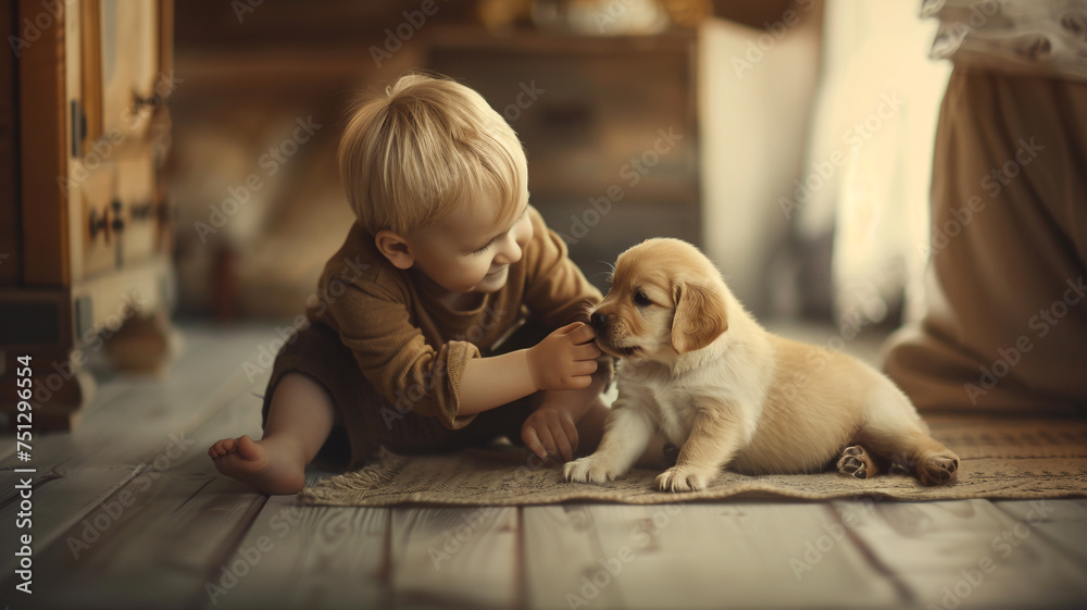 A boy joyfully playing with his puppy, creating a heartwarming scene of innocence and friendship. A boy joyfully playing with his puppy, creating a heartwarming scene of innocence and friendship.