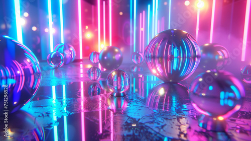 Dynamic collision of translucent spheres and jagged polygons, illuminated by a spectrum of neon lights.