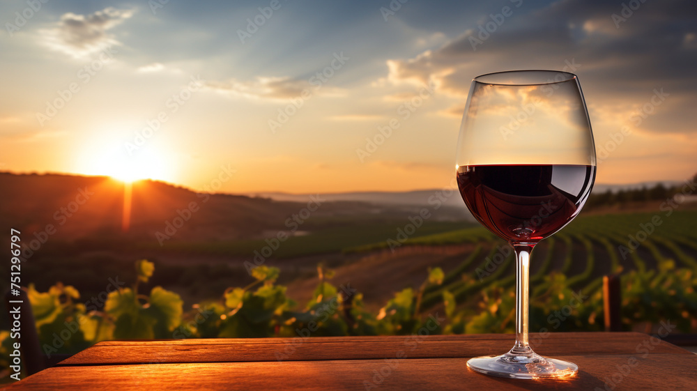 a glass of red wine with vineyard background at sunrise