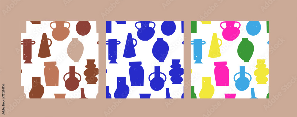 Vector set seamless patterns with clay vases with different shapes and forms. Dark blue colored geometric pottery. Hand made ceramics - obrazy, fototapety, plakaty 