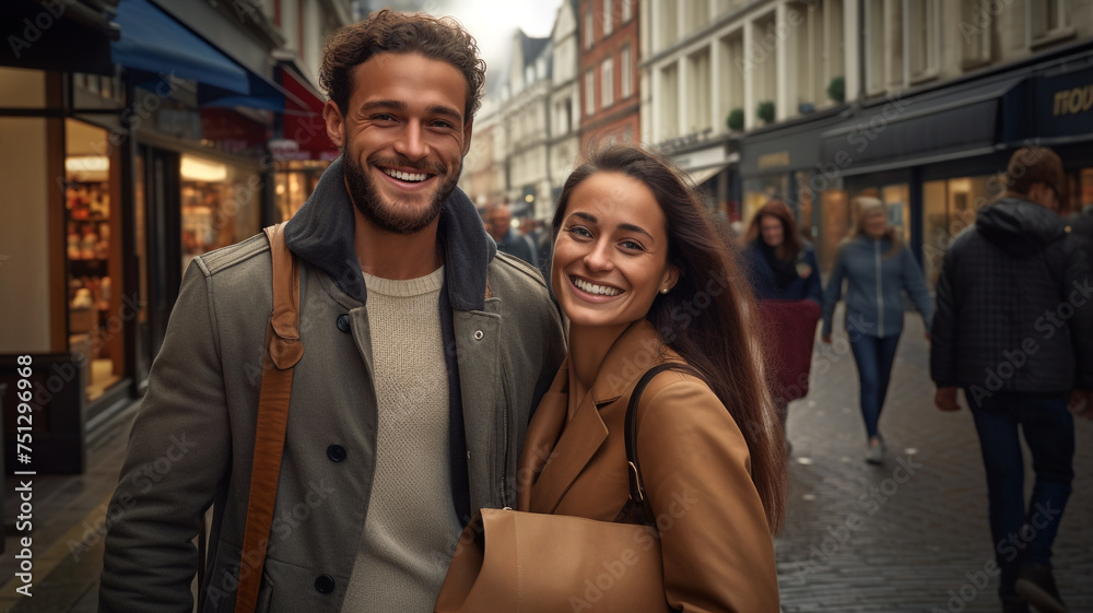 A happy and beautiful young couple with shopping bags in city A happy and beautiful young couple with shopping bags in city