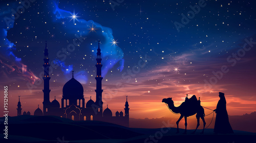 Silhouette of Arab man standing with camel  with mosque background at night.