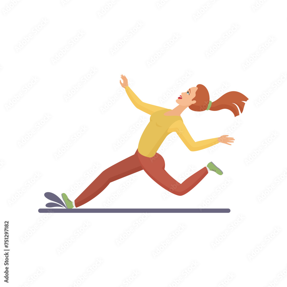 Woman running fast, female character falling on wet floor or road surface vector illustration