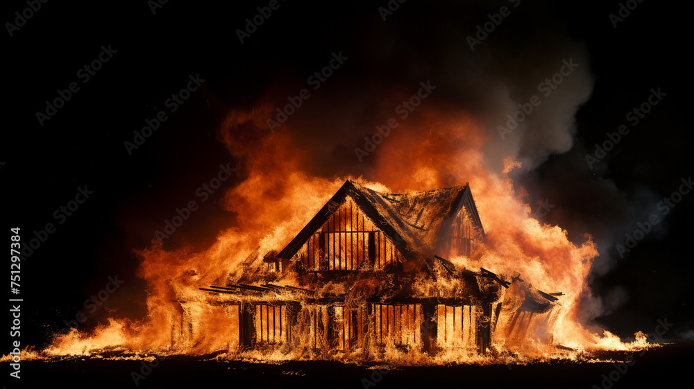 house in fire isolated on white background.