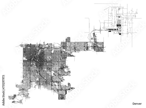 Denver city map with roads and streets, United States. Vector outline illustration.