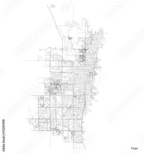 Fargo city map with roads and streets, United States. Vector outline illustration.