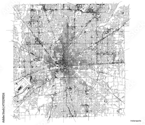 Indianapolis city map with roads and streets, United States. Vector outline illustration.