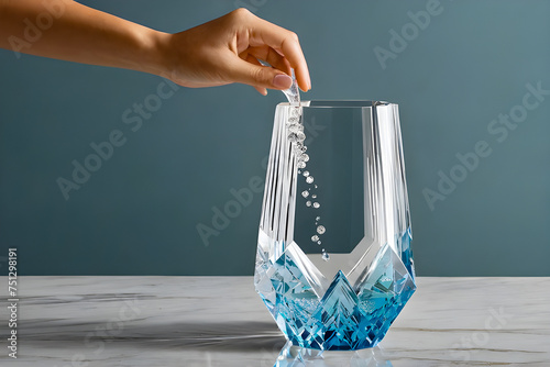 A woman's hand pours crystals into a transparent crystal glass with a blue bottom. Cleanliness concept