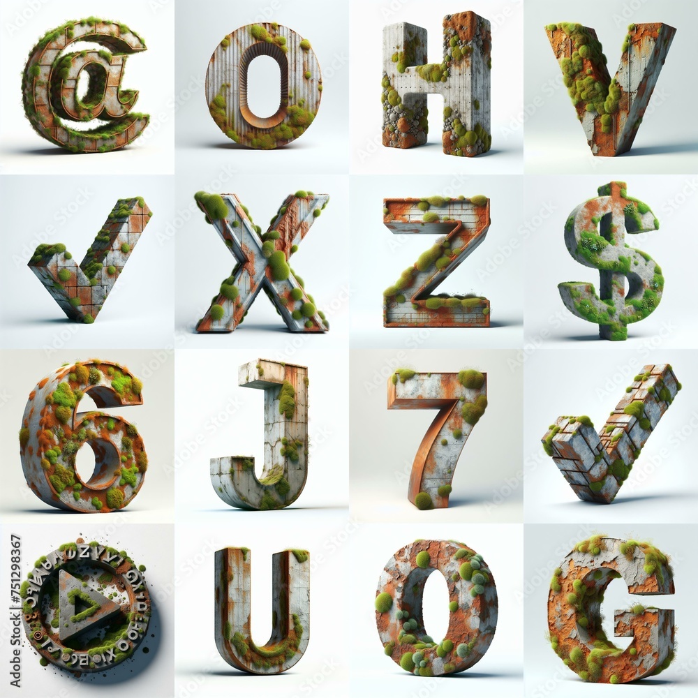Naklejka premium 3D Lettering Typeface That Blends Rusty concrete With Moss. AI generated illustration