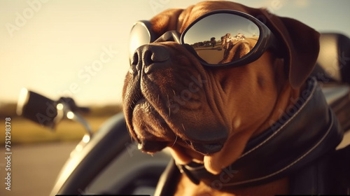 Stylish dog on a motorcycle. AI genarated