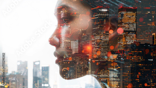 Double exposure image between woman and city