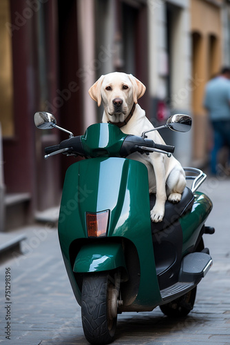 Stylish dog on a motorcycle. AI genarated