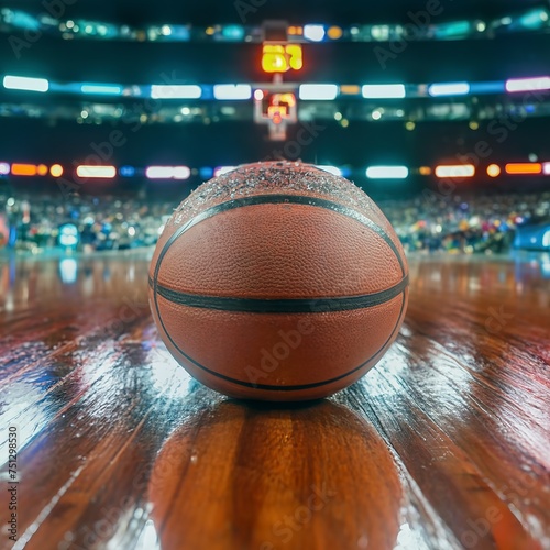 Rain-soaked basketball glistening with reflections on a vibrant court photo