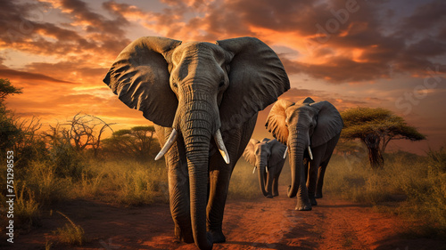 elephant in the savanna at sunrise © Yuwarin
