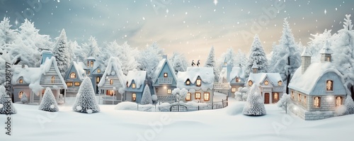Christmas village with Snow in vintage style. Winter Village Landscape. Christmas Holidays