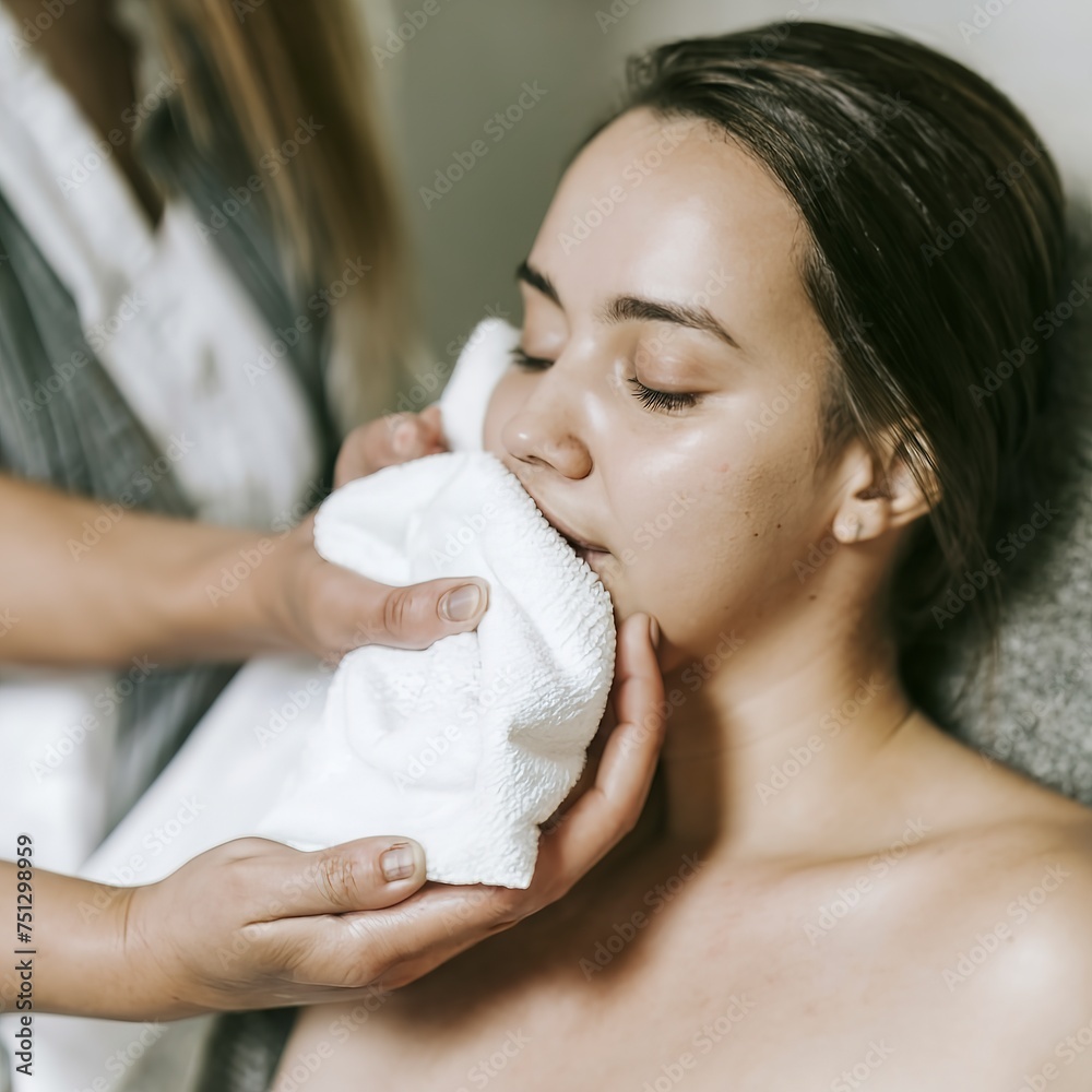 Relaxed woman at beauty treatment salon. She getting body and face hot towel therapy Relaxed woman at beauty treatment salon. She getting body and face hot towel therapy