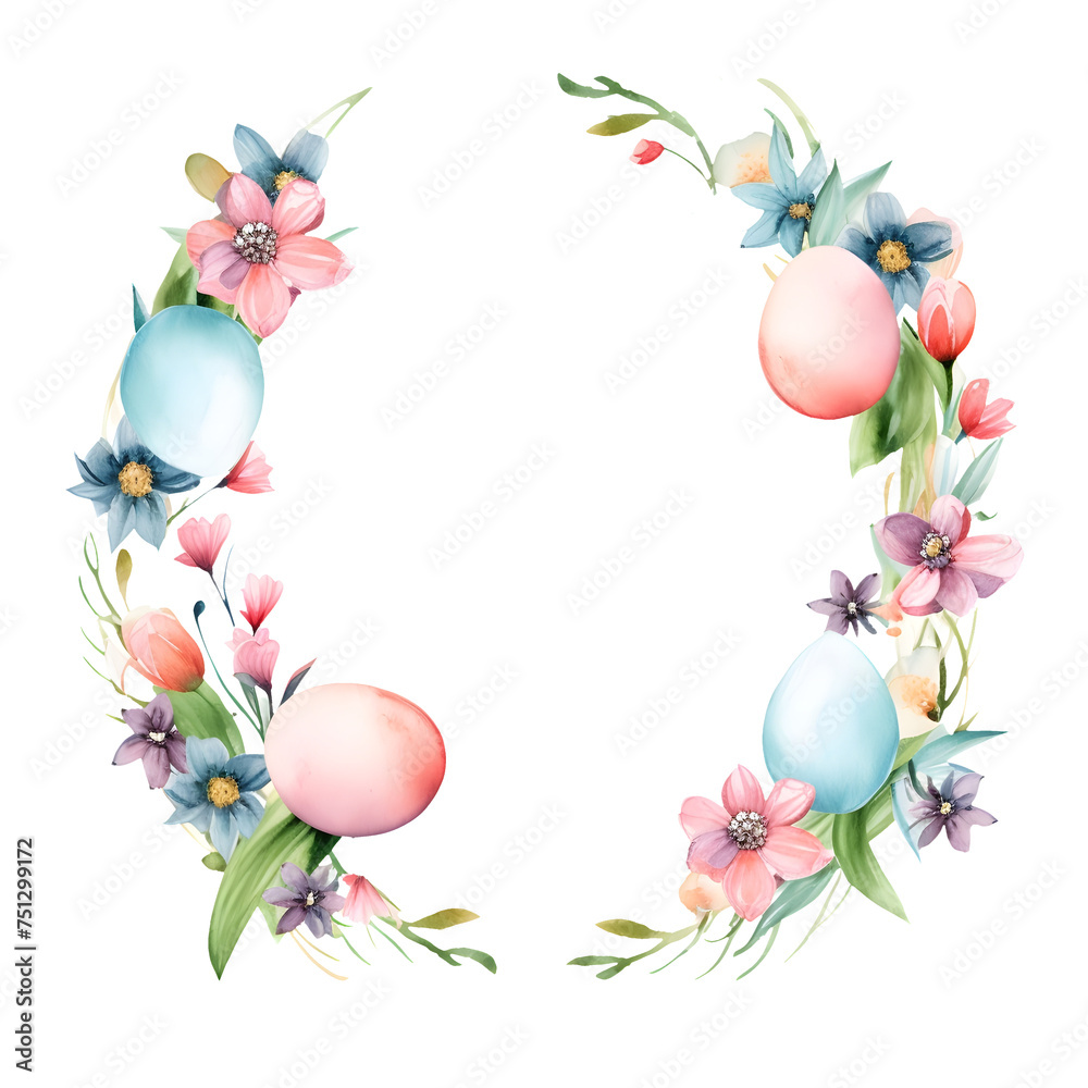 Watercolor pastel Easter egg and flowers wreath illustration element for spring holiday-themed decoration