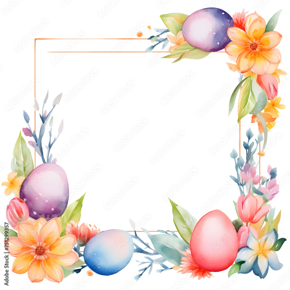 Watercolor Easter square frame with spring flowers and eggs illustration element for holiday festival celebration decoration