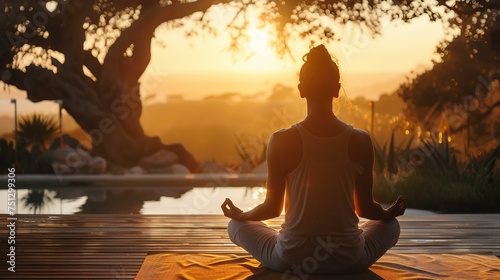 Yoga practice at sunrise, serene setting, personal wellness