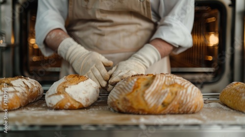 baker in a beige apron holds fresh bread, bakery
