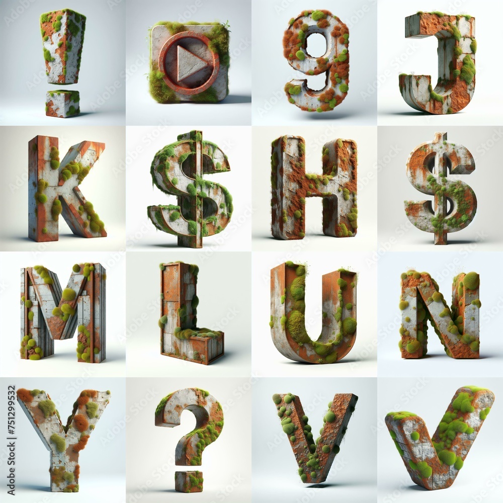 Naklejka premium 3D Lettering Typeface That Blends Rusty concrete With Moss. AI generated illustration