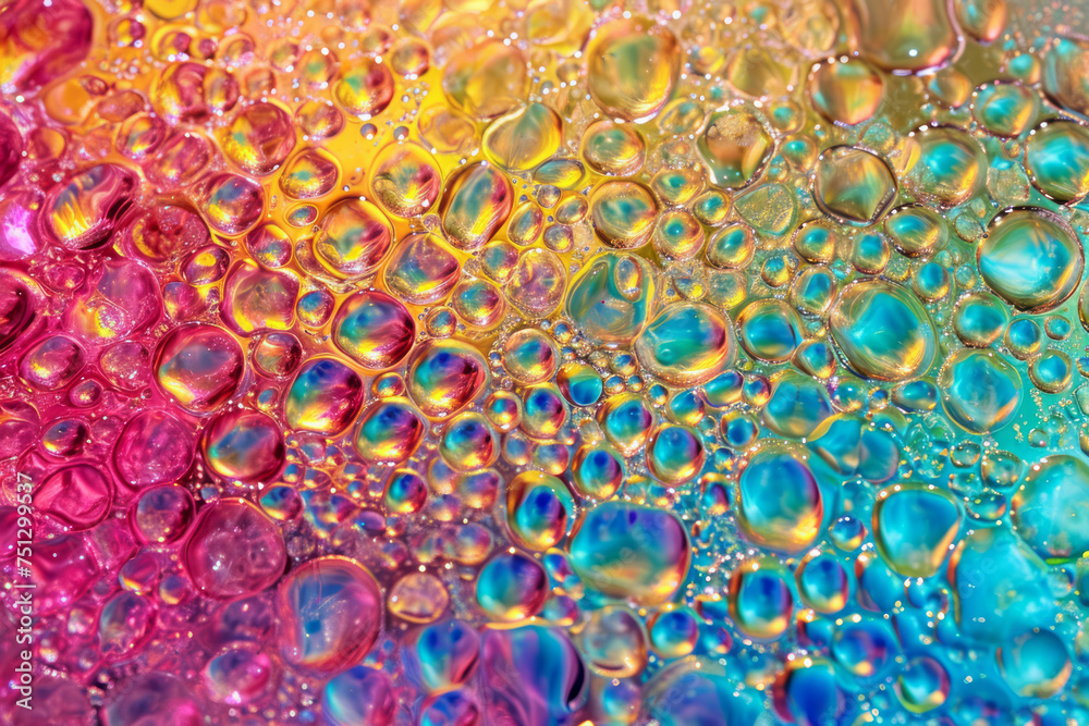 Close up view of water bubbles on a vibrant and colorful surface, showing the intricate patterns and textures created by the bubbles Close up view of water bubbles on a vibrant and colorful surface, showing the intricate patterns and textures created by the bubbles