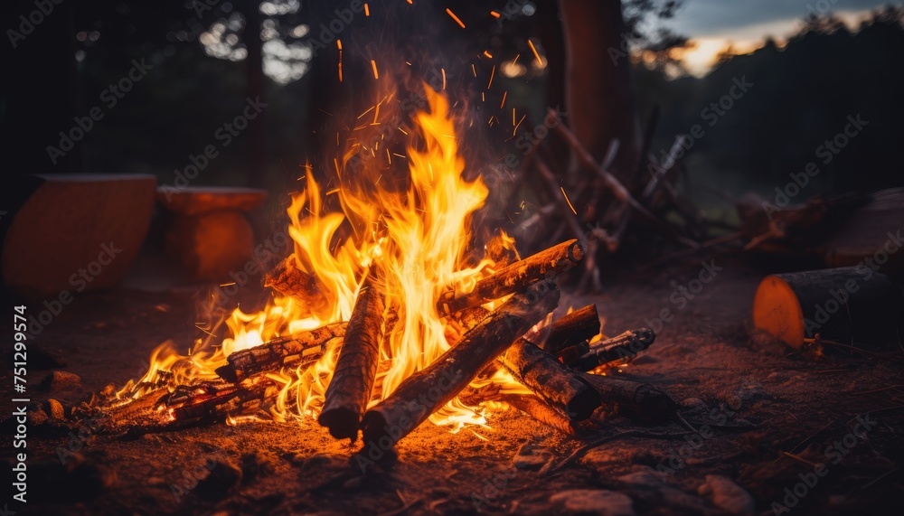 A fierce fire rages in a dark forest at night, casting a bright glow and sending sparks flying. The flames consume trees and underbrush, creating a chaotic and dangerous scene A fierce fire rages in a dark forest at night, casting a bright glow and sending sparks flying. The flames consume trees and underbrush, creating a chaotic and dangerous scene