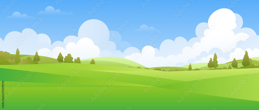 A panoramic landscape featuring a green valley with trees, meadows, and hills under a blue sky. Ideal for illustrating the beauty of nature in summer. Copy space for various projects. Not AI.