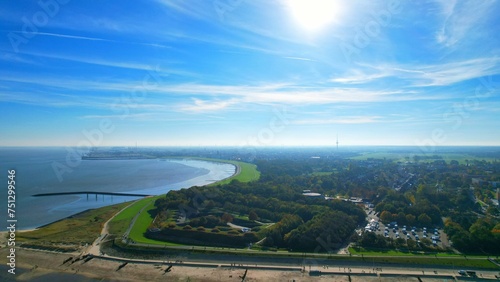 Cuxhaven - Germany - Aerial view of the dike with a view of the Grimmershörner Bay photo