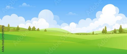 A panoramic landscape featuring a green valley with trees  meadows  and hills under a blue sky. Ideal for illustrating the beauty of nature in summer. Copy space for various projects. Not AI.